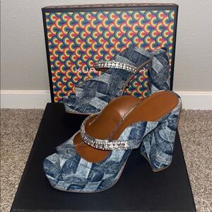 GENTLY USED Kurt Geiger London Duke Platform Peep Toe Denim
